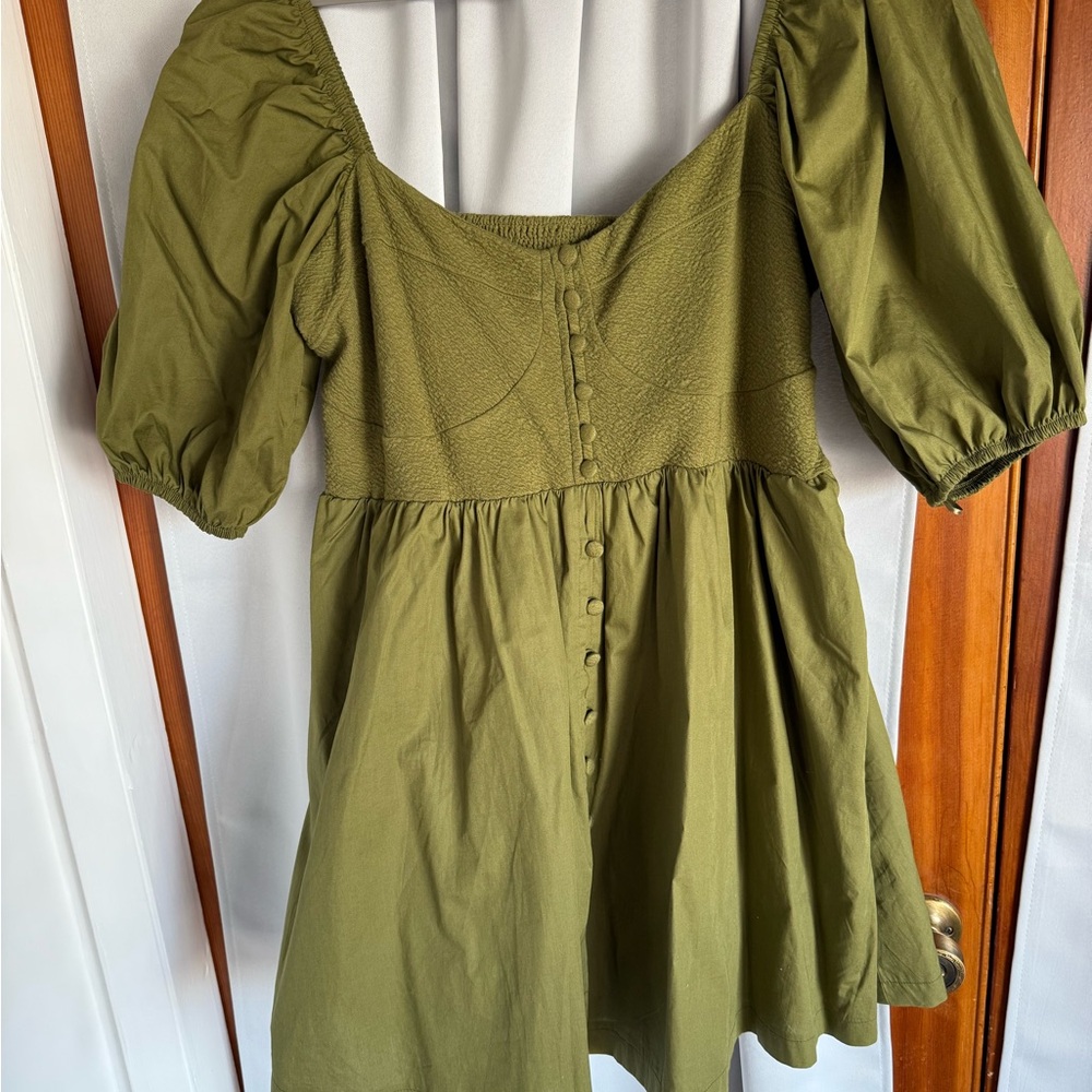 Anthro / Maeve XL Olive Green Puff Sleeve Dress w/ pockets!